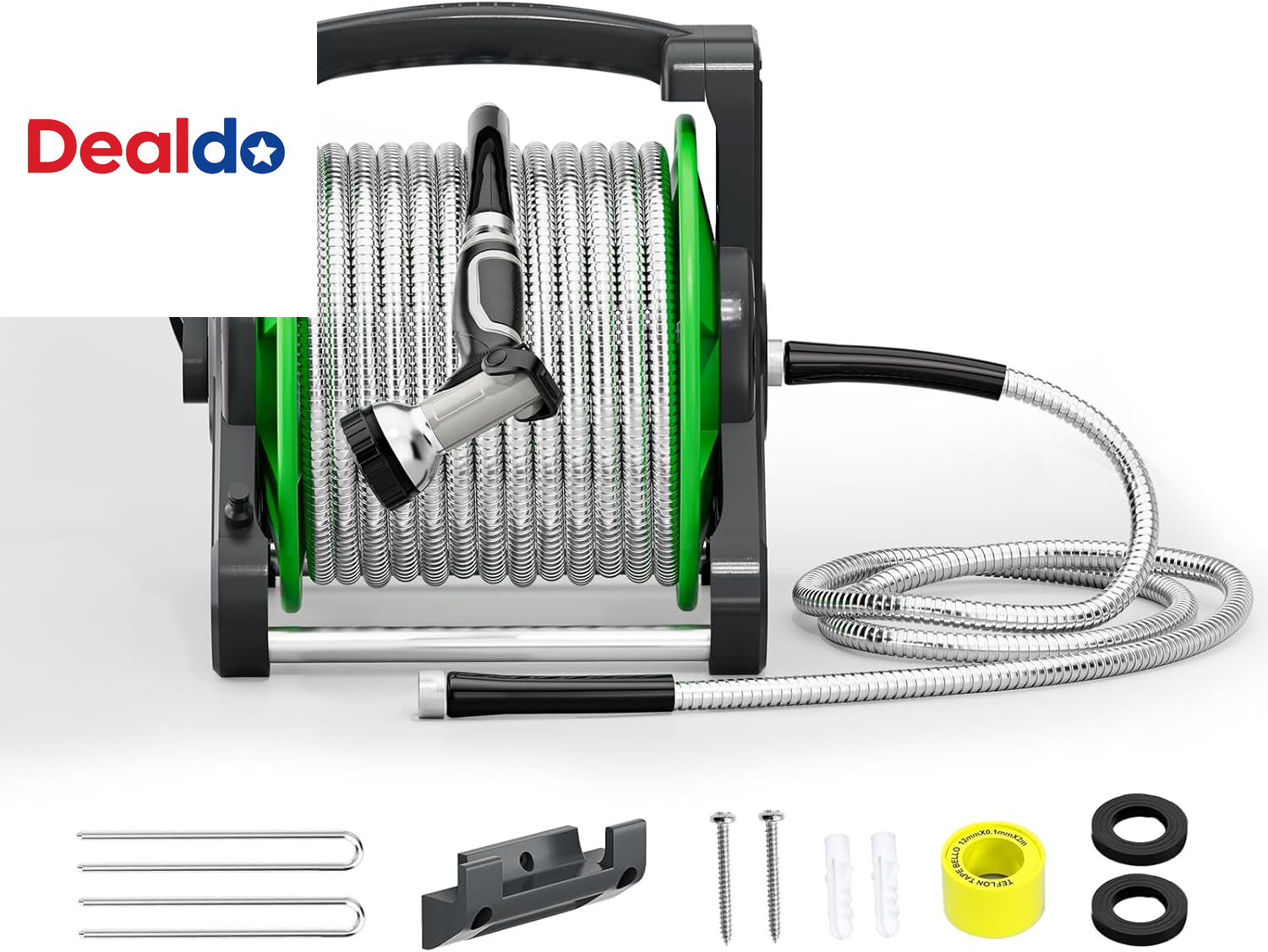 Portable Garden Hose Reel with 75Ft Heavy Duty 304 Stainless Steel Water Pipe, W