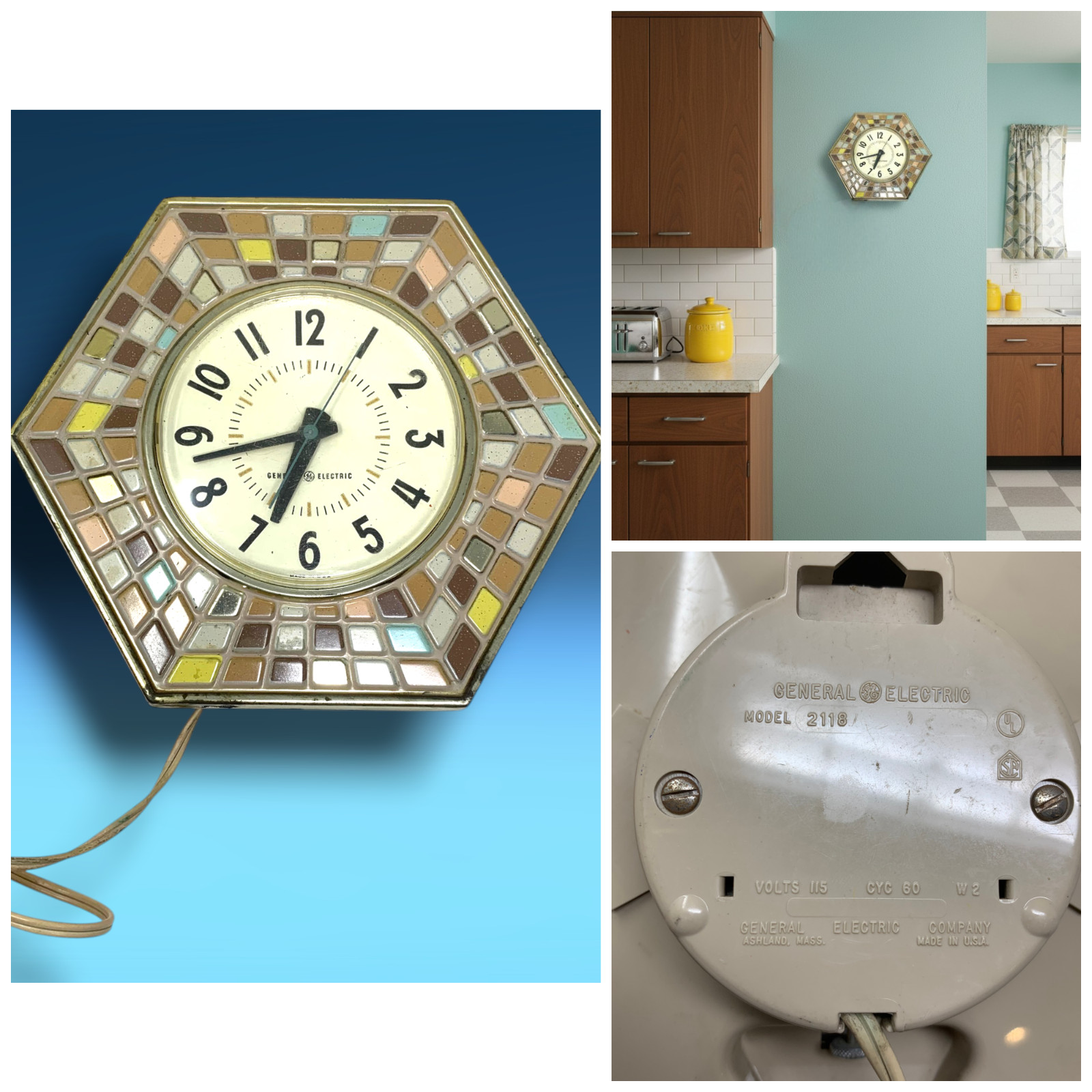 Vintage GE General Electric 2118 Wall Clock Mosaic Tile Hexagon Plug In MCM USA image