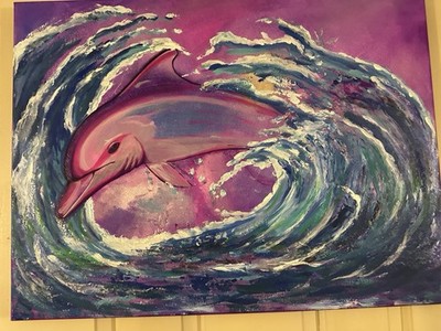 Neon Tide Dream   Original Acrylic Dolphin Painting   Lisa Frank Inspired 16x20