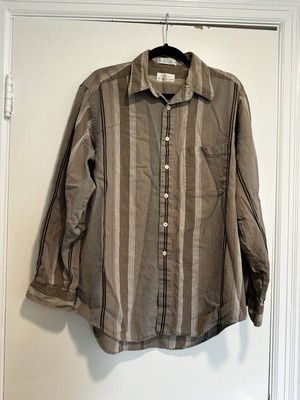 VTG 90 s Lord & Taylor Men s Vertical Striped Khaki Business Shirt.
