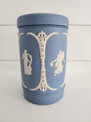 Large Wedgwood Light Blue Jasperware Dancing Hours Tea Canister Made for Harrods - Picture 4 of 11