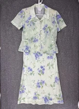 Vintage Karin Stevens Midi Dress & Jacket Set Size 8 Green Floral Sheer Lined