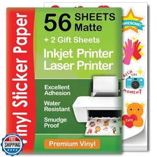 Premium Printable Vinyl Sticker Paper for Inkjet and Laser Printer - 56 Sheet