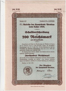 Set 5 Hauptstadt Breslau Breslau 1926 SV 200 Reichsmark VF/VF