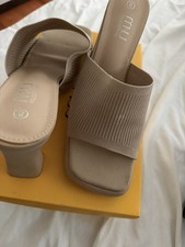 mjuo musshoe Women's Beige Ribbed Square Toe Slip-On Mule Block Heels 8