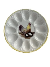 Devil egg plate with Chicken Sitting On Nest Vintage Granny Core Yellow Trim