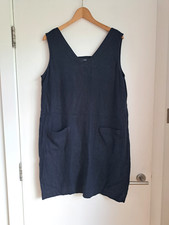 Next Linen Dress UK16 Navy Blue Sleeveless Pockets Oversized Holiday Summer
