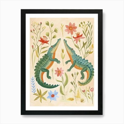 Folksy Floral Tier Zeichnung Krokodus gerahmtes Wandbild Poster Leinwanddruck Bild