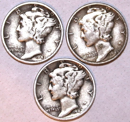 (3) Mercury Dimes - 1942 1943 1945 - VF/XF - #2248ED - FREE SHIPPING