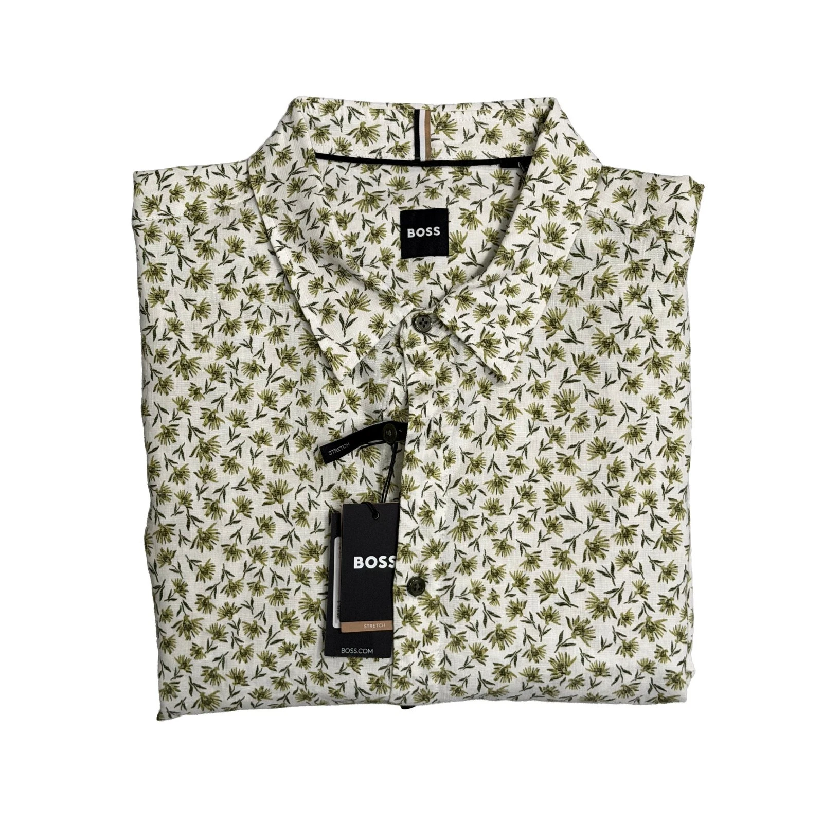 Boss Shirt Men's 4XL Big & Tall Short Slv Stretch Linen Shirt Green Floral NEW