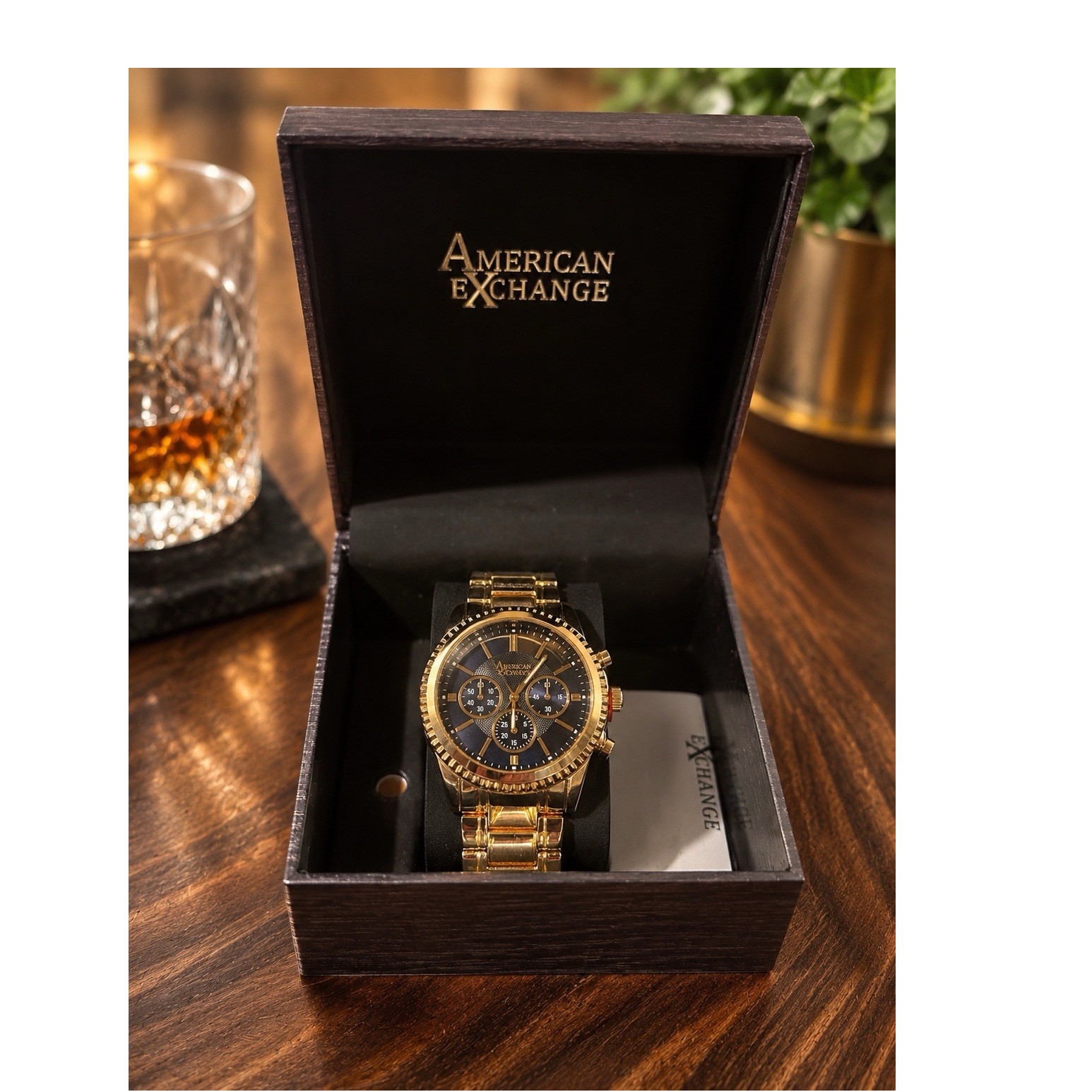 American Exchange Men's Gold Chronograph Wristwatch Blue Dial Gold Metal Band