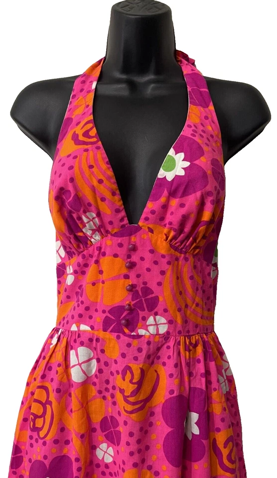 Maxi Vestido Floral Psicodélico Hawaiano Playa Halter Rosa XS Vintage Años 60 70 Foto 2 de 4