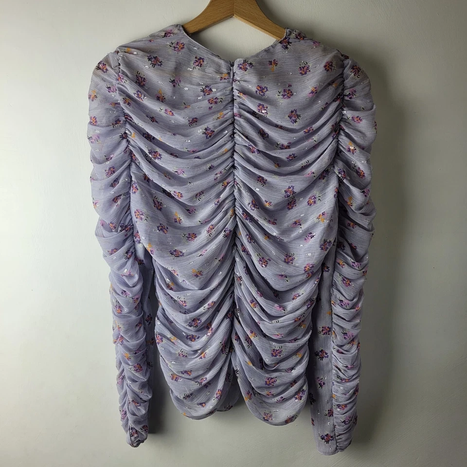 Zara Women Size M Purple Floral Print Sheer Ruched Blouse Top Casual Summer - Image 2 of 4