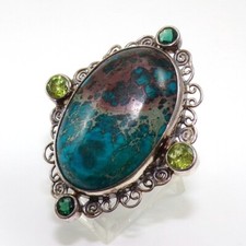 Statement 13.5g Sterling Silver Blue Turquoise Peridot Scroll Ring Size 10 FZ2