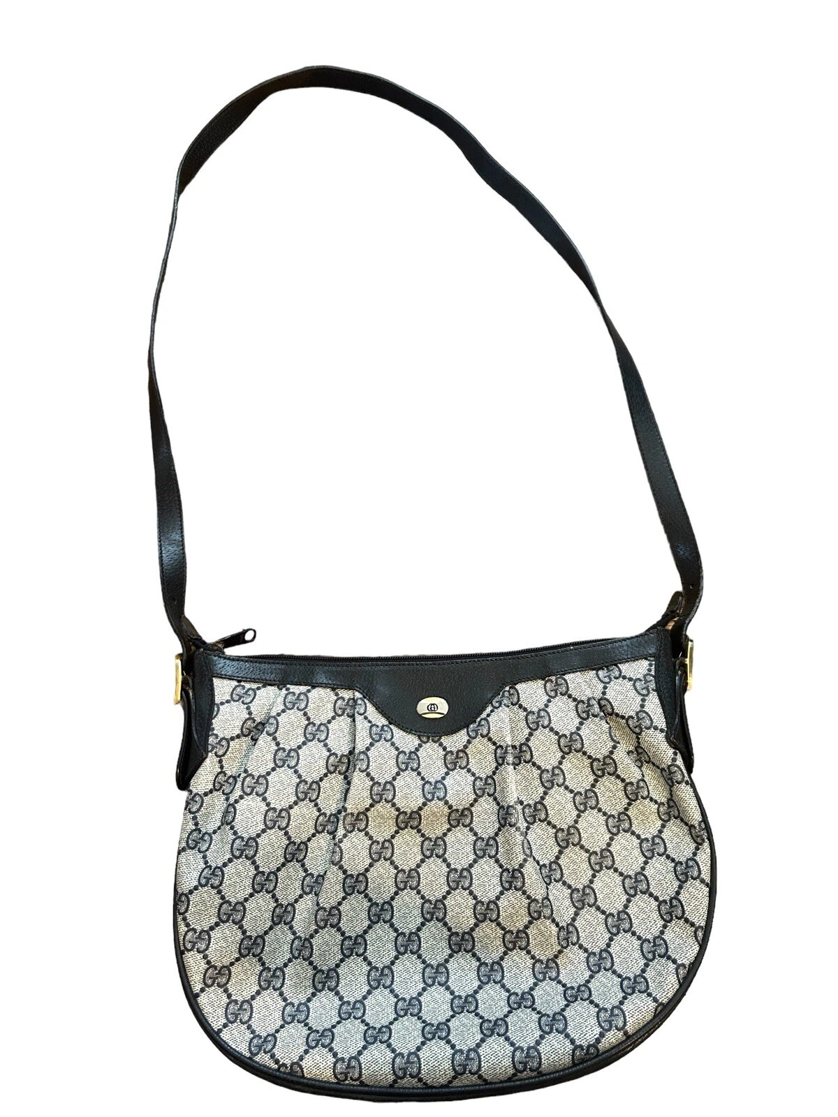 Borsa a tracolla vintage GUCCI nera GG Supreme in pelle PVC a pieghe