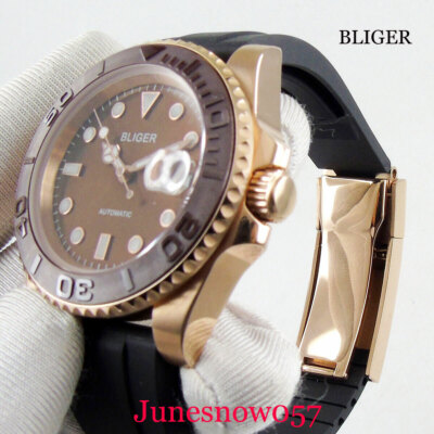 BLIGER Rose Gold 40mm Automatic Men Watch MIYOTA8215 Rubber Flat End Strap 