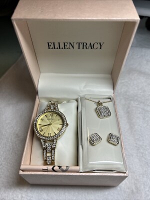 Ellen Tracy Collection Watch Necklace Earrings With Rhinestones