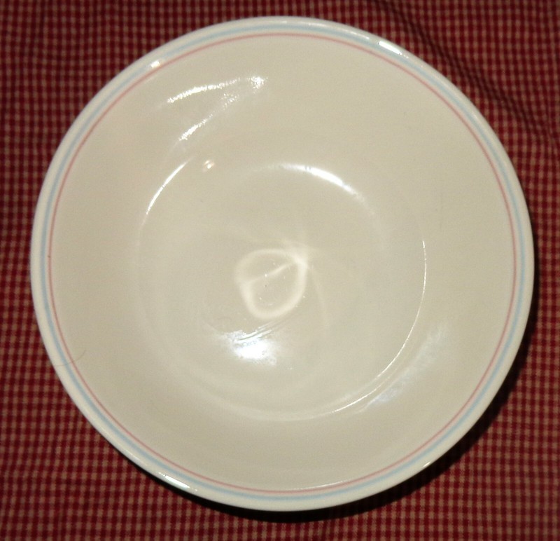 CORELLE BLOSSOMS IN LACE SERVING BOWL BEIGE WITH PINK & BLUE stripes 8-1/2 WIDE
