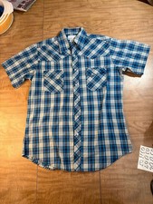 Wrangler Wrancher Men's Blue Plaid Short Sleeve Pearl Snap Western Shirt M