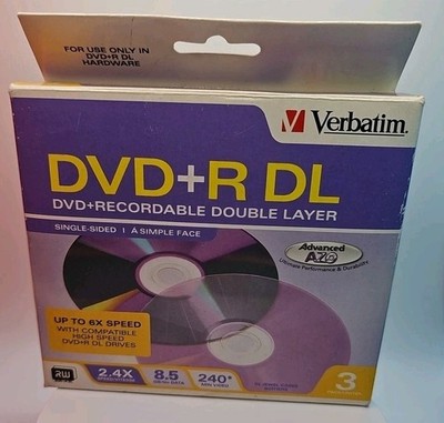 Verbatim Double Layer DVD+R DL 3-disc pk Jewel Cases 8X 8.5GB #95014 New Sealed