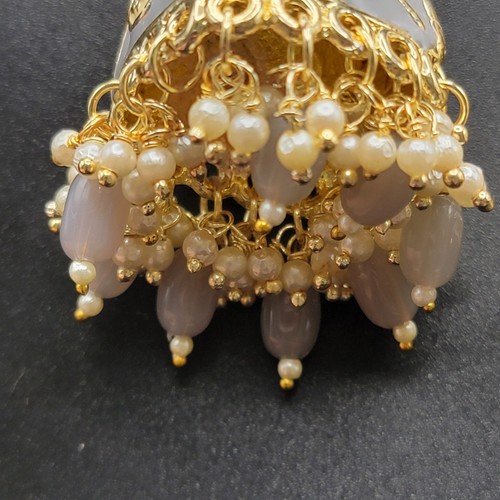 Gold Plated Kundan Jhumka Monalisa CZ Stones Indian Bollywood Flower Earrings - Picture 13 of 15
