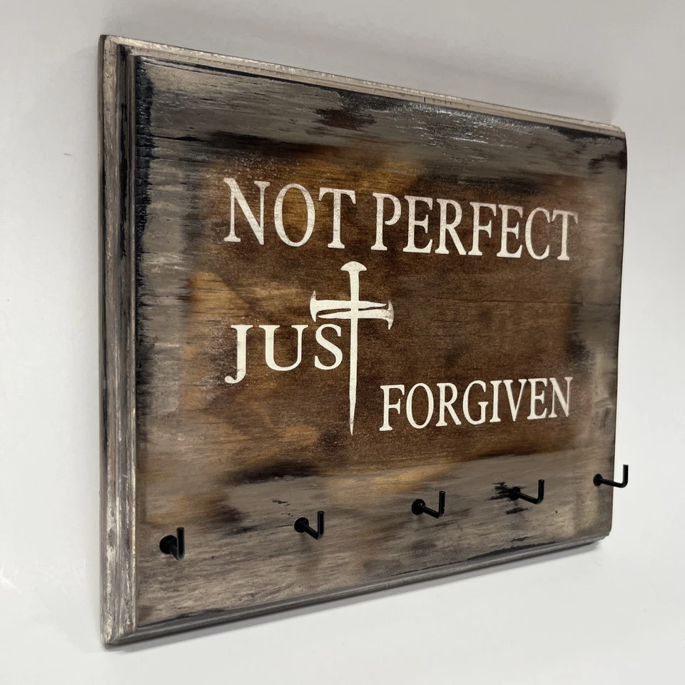 Rustic Finish Wood Sign Home Decor 5 Hooks Key Holder NOT PERFECT JUST FORGIVEN - Image 3 of 4