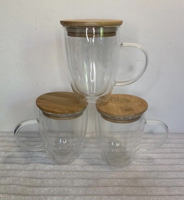 Klar Doppelwandig Glas Kaffeebecher Teetassen x3 mit Holz Bambus Abdeckung Top