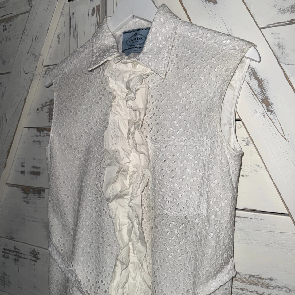 PRADA White Eyelet Sleeveless Dress Size 38 Poplin Cotton Ruffle Tie Waist - Image 4 of 4