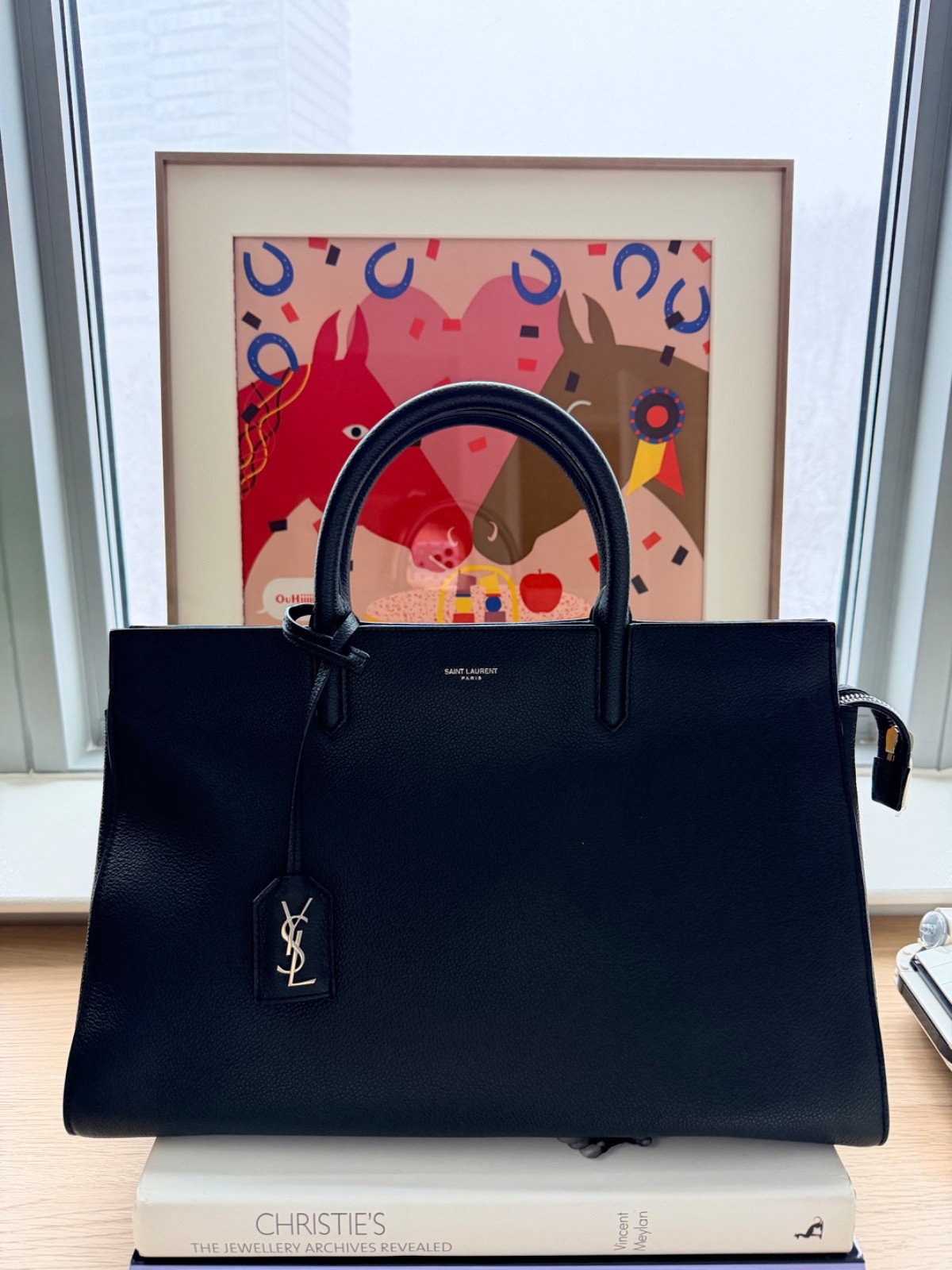 Saint Laurent Black Leather Rive Gauche Cabas Tote Dual Handles Top Zip Closure