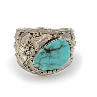 Navajo Signed Jereme Delgarito Sterling Turquoise Applique Cuff Bracelet S6006 3
