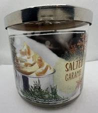 Bath & Body Works Salted Caramel Candle 3 Wick 14.5 Oz *Label Messed Up Bottom*
