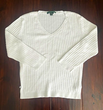 Lauren Ralph Lauren Women  s White Cable-Knit V-Neck Cotton Pullover Sweater S