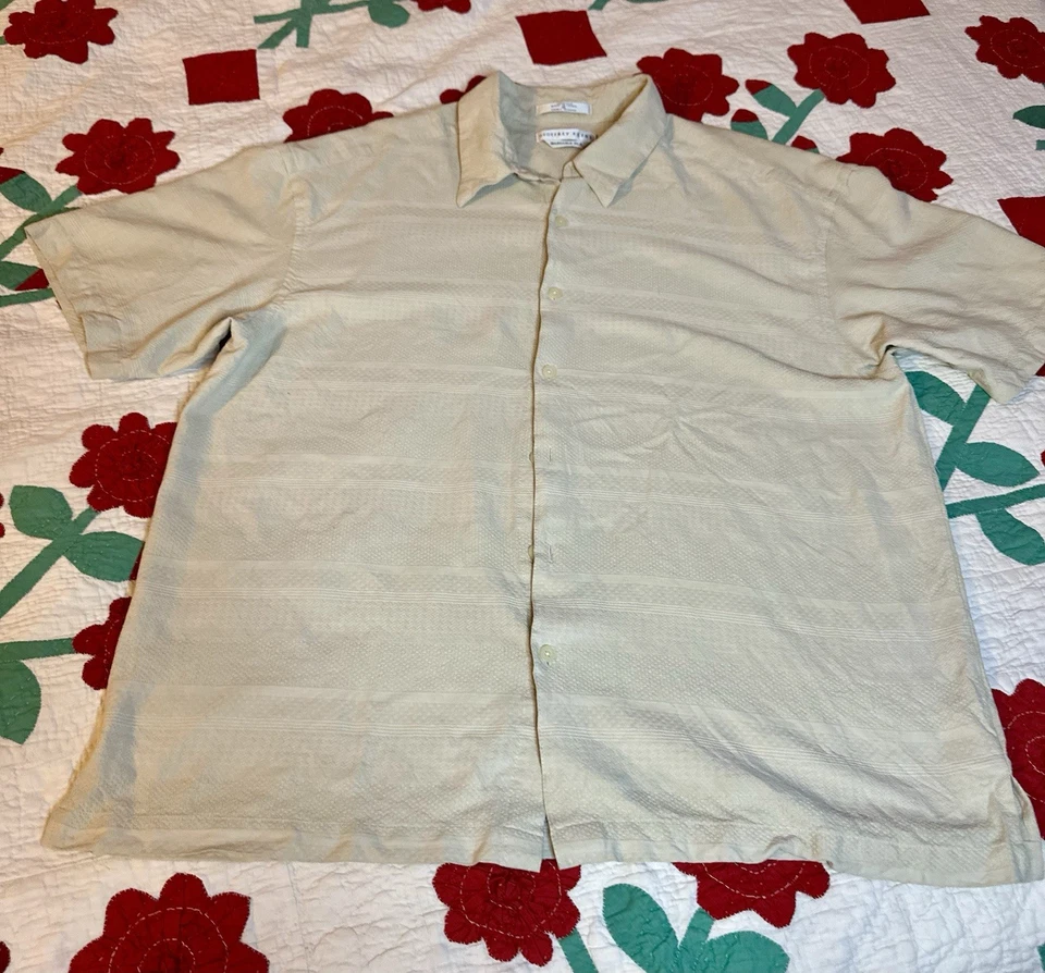 Geoffrey Beene Hombre Manga Corta 100% Seda Lavable Beige Texturizado Abotonable XL Foto 2 de 4