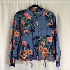 Chico's Linen Blend Jacket Women's 2 Large Blue Floral Snap Front Pockets
