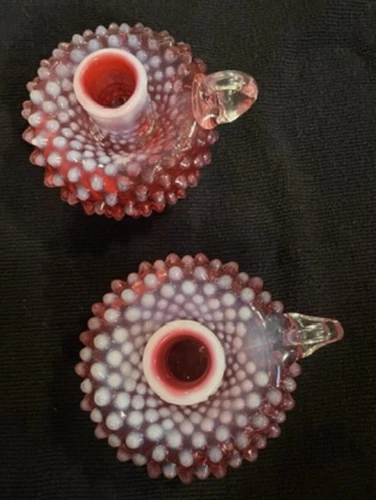 fenton cranberry hobnail opalescent candlestick holder set