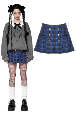 Dark In Love Women Indigo Gothic Gold Star Double-Breasted Plaid Slim Mini Skirt