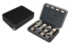 8 Watch Black Leather Travel Case Portable Zippered Storage Organizer 3012