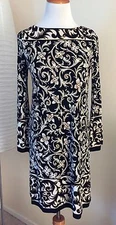 Nicole Miller Collection 100% Silk Dress, Long Sleeve Black, Gold & Cream, SZ P