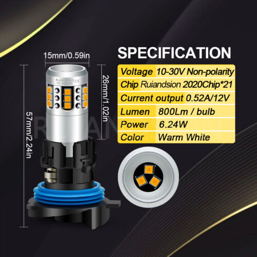 Ruiandsion PH24W LED Bulb Car Fog Light Car Headlight 10-30V Warm White 800lm - Bild 2 von 10