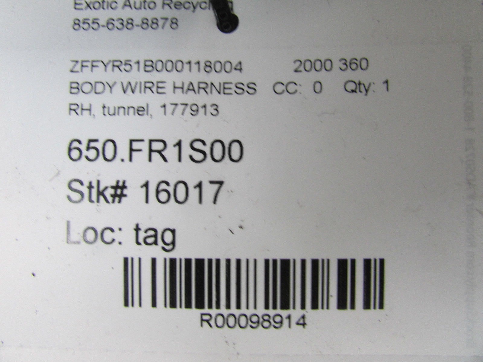 Ferrari 360, RH, Right Rear Tunnel Wire Harness, Used, P/N 177913