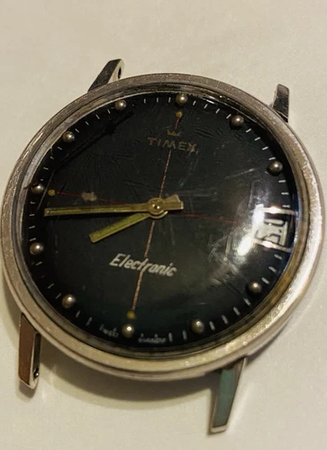 Vtg Timex Men’s Watch Electronic Steel Case Body Date Grey Dial 10k Rolled Gold