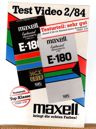 alter Aufkleber : MAXELL E-180 Videocassette VHS Testurteil: sehr gut