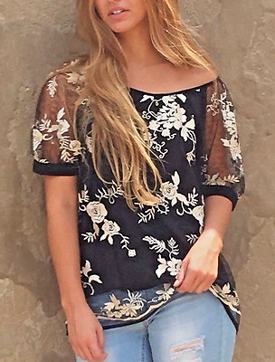 VaVa Voom Joy Hay Floral Black & White Blouse Lined Short Slv Size XS-M $128 NWT