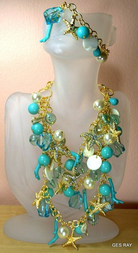South Beach Jewelry Set Necklace Bracelet Turquoise Pearls Shells, Amrita Shing - Picture 2 of 13