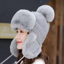 Ladies Faux Fur Knitted Trapper Hat Pom Ball Russian Earflap Cap Winter Warm