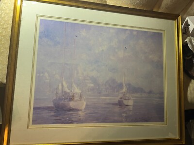 Huge Ray George Ellis (1921 - 2013) ''Sailboats Scene'' Lithograph - Signed/Framed