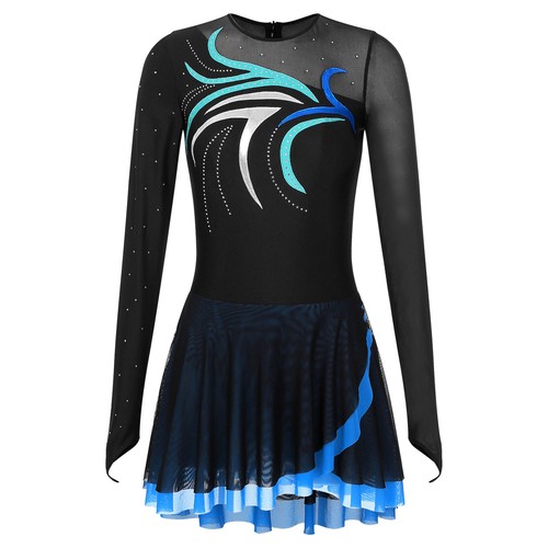 Womens Shiny Long Sleeve Leotard Dress Figure Ice Skating Ballet Dance Dress - Picture 11 of 52