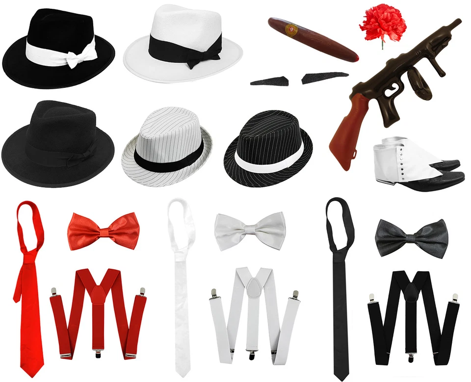 ILOVEFANCYDRESS MENS 1920s FANCY DRESS COSTUME GANGSTER 20 HAT BRACES TIE CHOOSE ACCESSORIES LOT