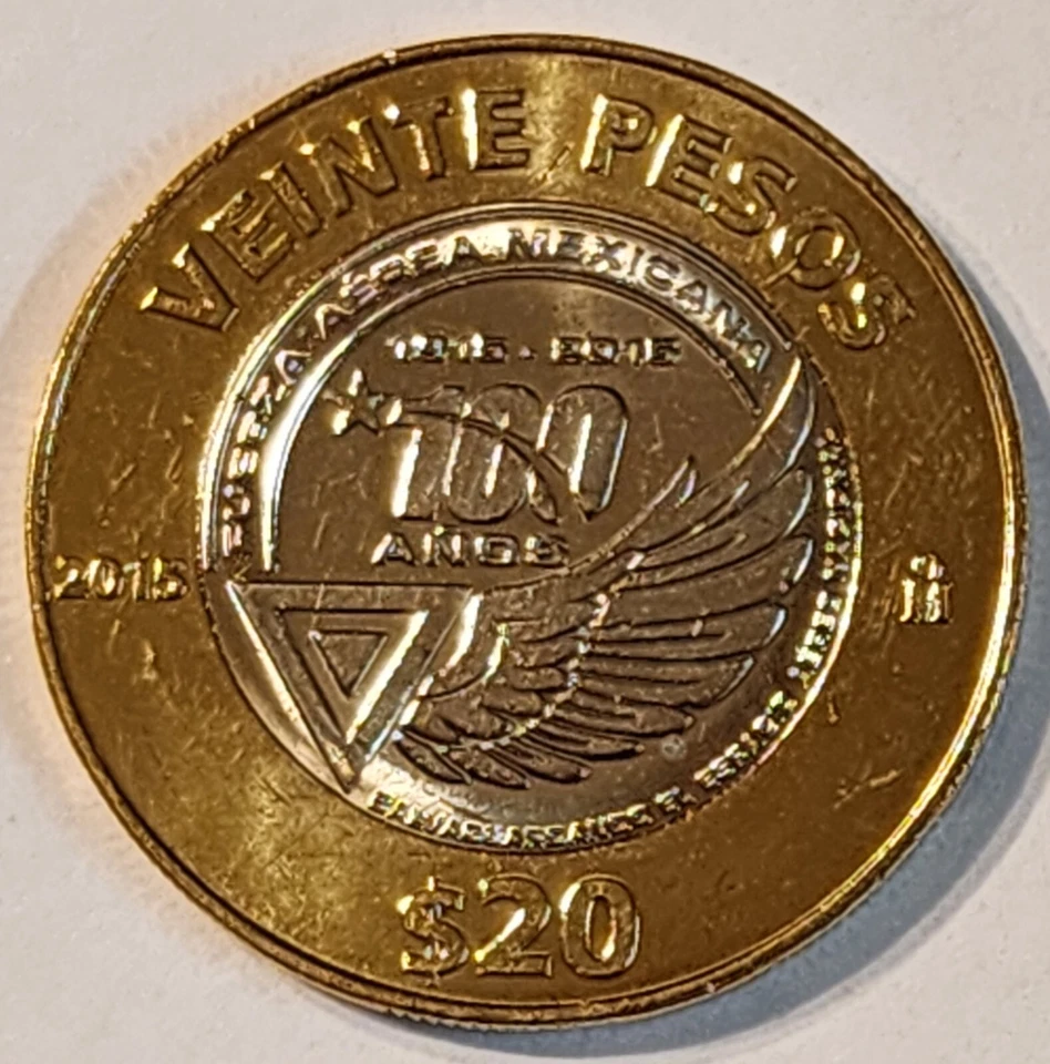 MÉXICO 20 PESOS Brillante Moneda 1915-2015 100 Fuerza Aérea Moneda Bimetálica UNC Foto 2 de 4
