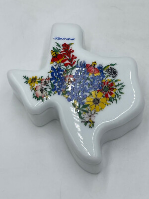 Texas State Ceramic Trinket Box Jewelry Keeper White Floral Polly's Paint Box
